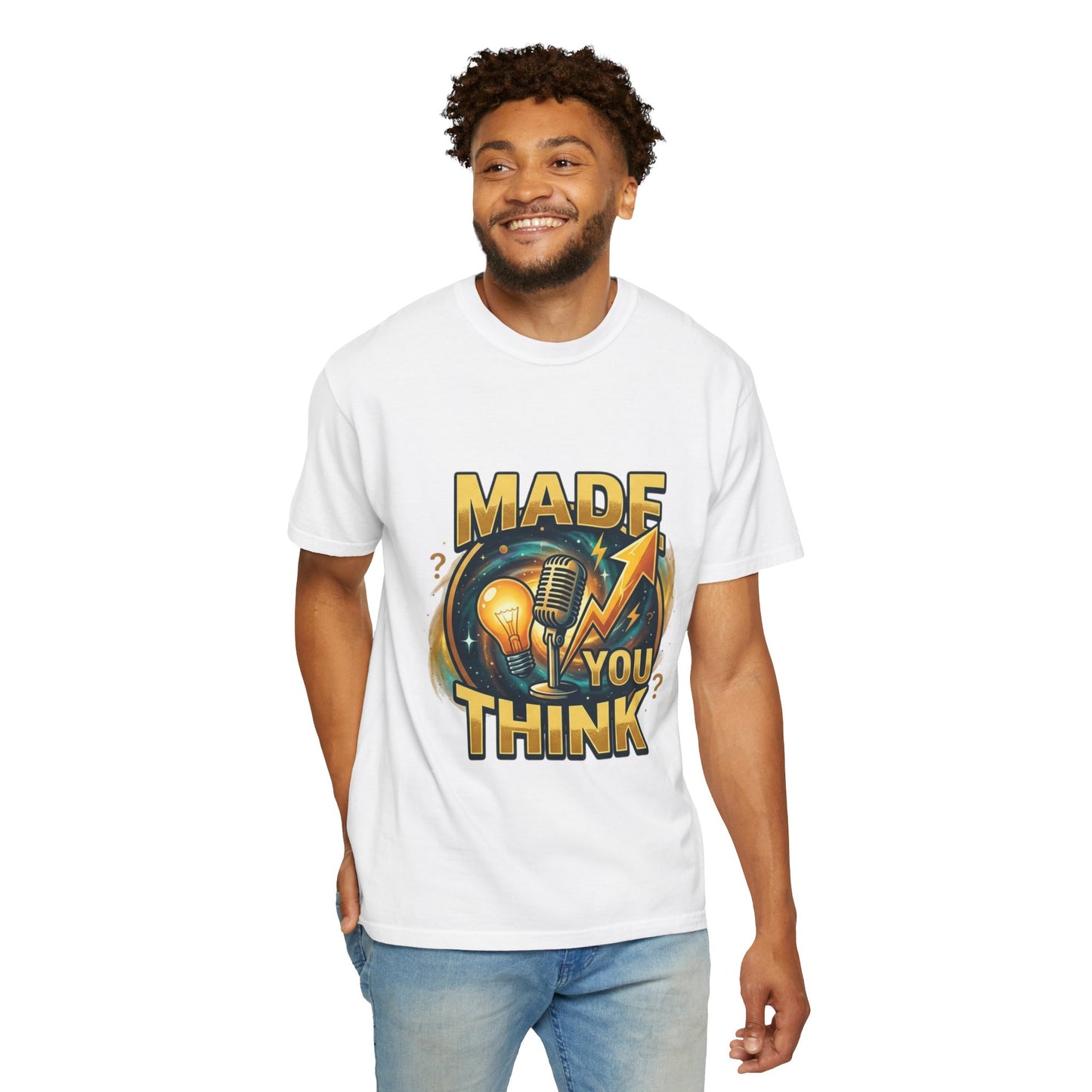 Made You Think T-Shirt — Retro Microphone & Lightbulb Graphic Tee