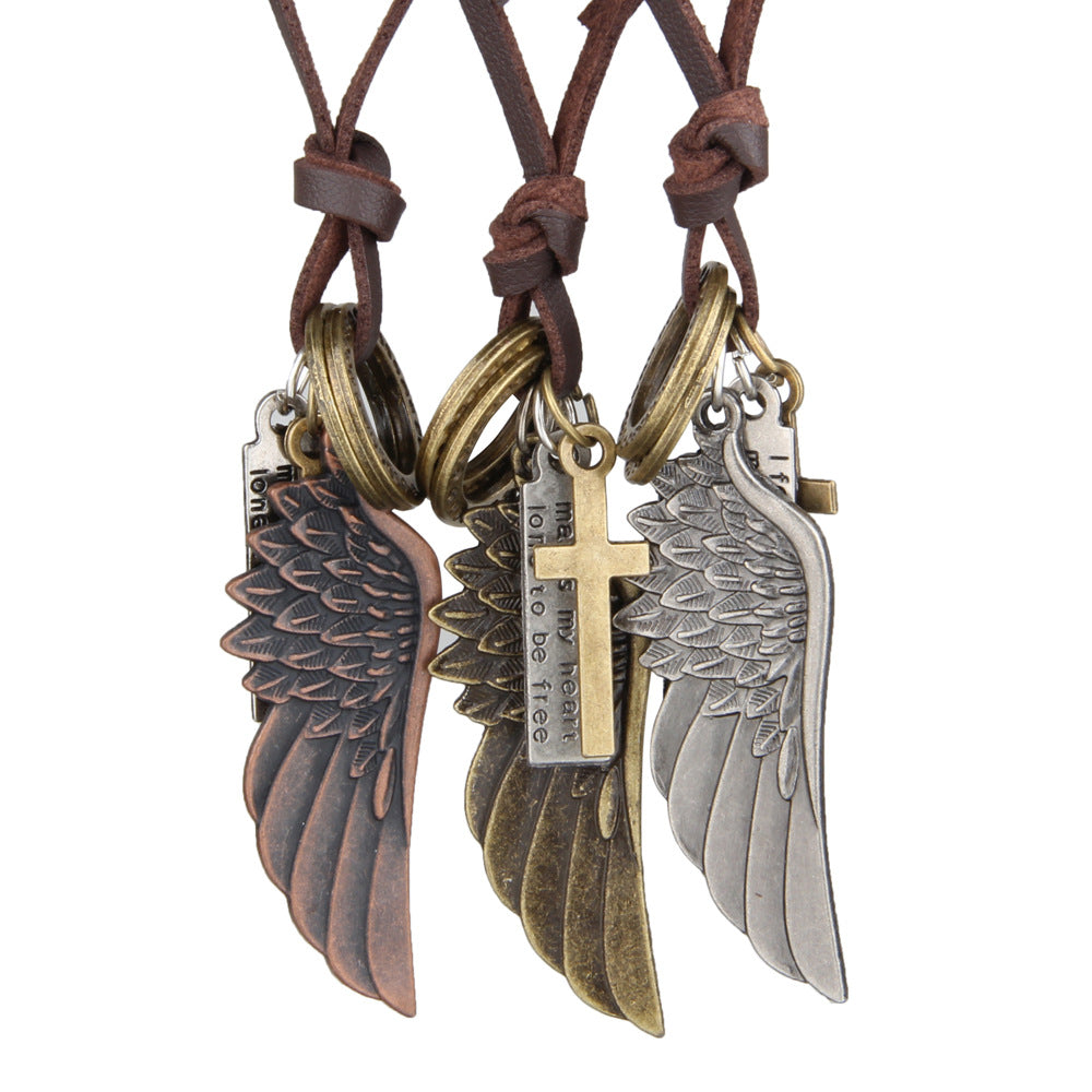 Engraved Retro Leather Necklace with Angel Wings & Feathers