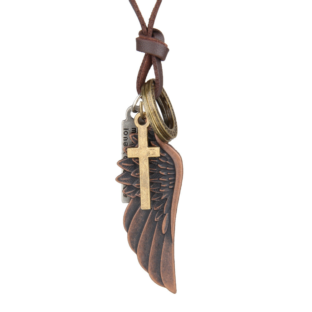 Engraved Retro Leather Necklace with Angel Wings & Feathers