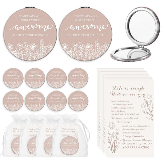 CroBlissful 12 Set Inspirational Gifts for Women Bulk Motivational Compact Mirror Makeup Pocket Mirror for Purse Double Sided Folding Mirror Inspirational Gift Cards with Bag for Women (Classic)