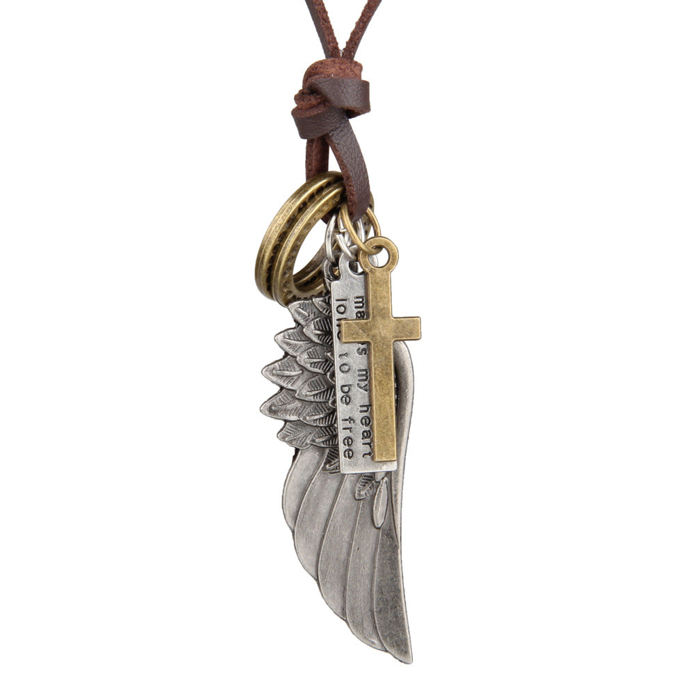 Engraved Retro Leather Necklace with Angel Wings & Feathers