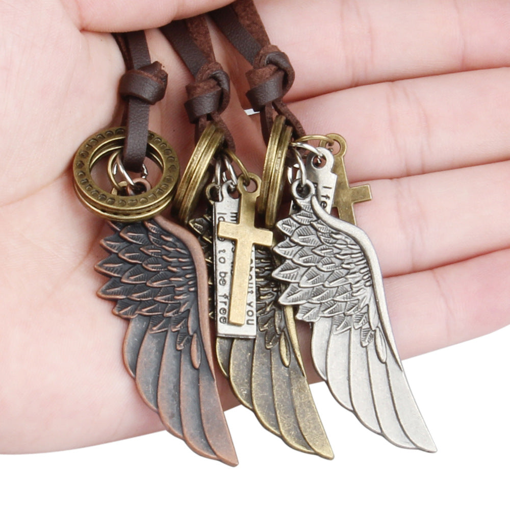 Engraved Retro Leather Necklace with Angel Wings & Feathers